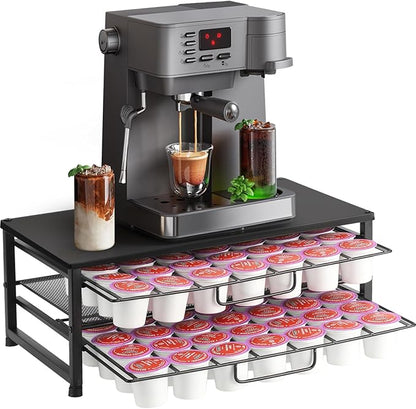 ECOLOVI K Cup Holder Organizer for 70 Pods, 2-Tier Coffee Pod Holder for K-Cup with 2 Sliding Storage Drawers, Coffee Station Bar Organizer for Kitchen Countertop, Home & Office, Frosted Black