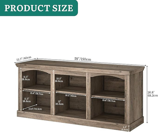 YITAHOME Farmhouse TV Stand with Cord Management for 65 Inch TV, Entertainment Center with Adjustable Shelf & Open Storage, 59" TV Console Table for Living Room (Washed Grey)