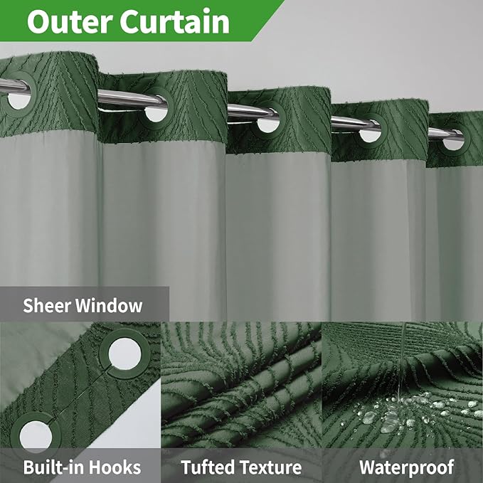 No Hook Shower Curtain and Liner Set,No Hook Tufted Striped Textured Shower Curtain with Snap in Liner Replacement and Waterproof Fabric,Boho Style with See Through Top Window,DarkGreen,71Wx77H