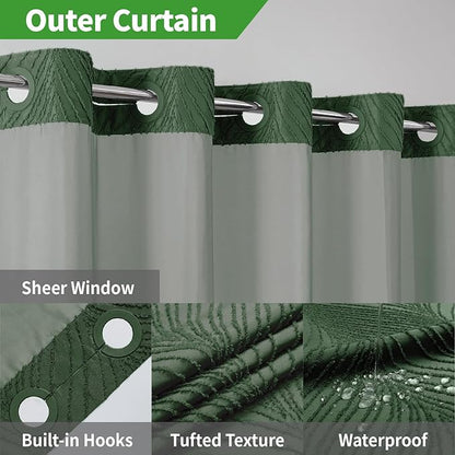 No Hook Shower Curtain and Liner Set,No Hook Tufted Striped Textured Shower Curtain with Snap in Liner Replacement and Waterproof Fabric,Boho Style with See Through Top Window,DarkGreen,71Wx80H