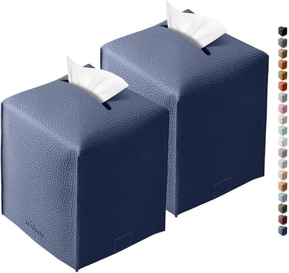 Tclouda Tissue Box Cover for PU Leather, Modern Simple Solid Color Holder Square Tissue Bag, Ideal for Bathrooms,Office,Car,Outdoor Tent,Dining Table,5"X5"X5", Double Navy Blue