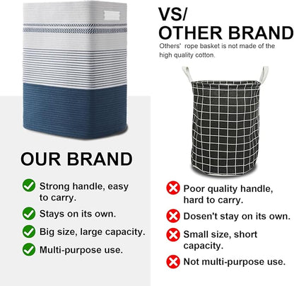 SIXDOVE Laundry Hamper, Large Woven Rope Tall Laundry Basket with Handles, 22" X 17" X 13", Decorative Storage Basket for Clothes and Blankets in Living room, Bedroom, Dark Blue& White
