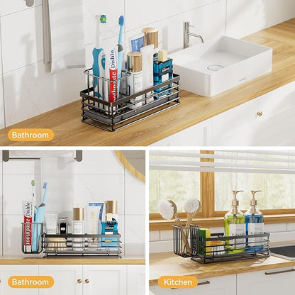 Yofidra Kitchen Sink Caddy Sponge Holder - 304 Stainless Steel Sink Organizer with Diatomite Quick-Dry Base, 3 Compartments Caddy Organizer, Detachable Brush Rack, 9.2" x 3.9" x 4.4"