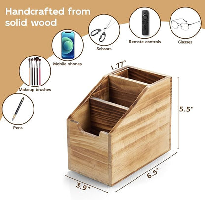 Remote Control Holder, TV Remote Holder, Wood Farmhouse Remote Caddy for Table, Remote Organizer Caddy with 3 Slots, Remote Storage Box for Home Office, Burnt Wood