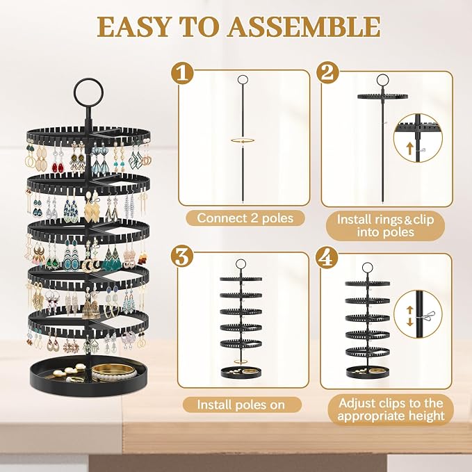 MODOWEY 5 Tier Rotating Earring Holder Organizer Display Tree with Metal Tray, Adjustable Plastic Stand with 285 Slots for Stud Hoop Hanger, Large Capacity Storage Rack for Women Space Saving, Black