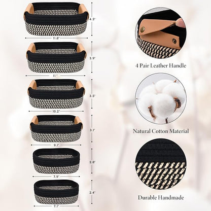 Storage Baskets for Organizing, Small Woven Basket Set of 6-4 Shelf Basket with Leather Handle and 2 Small Gift Baskets, Cotton Rope Basket for Shelves, Nursery, Dog Toy, Bathroom