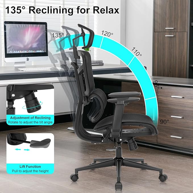 Ergonomic Office Chair, Desk Chair with Adjustable Height, Lumbar Support, High Back Mesh Computer Chairs with Flip up Armrests Support Home Gmaing Desk Chair, 360°Swivel, Tilt Lock and Wide Cushion