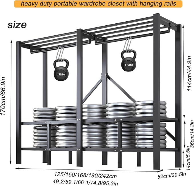 66.1in Foldable Portable Wardrobe Closet, Heavy Duty Garment Rack with Cover, Freestanding Covered Metal Clothes Rack, Armoire Portable Wardrobe Closets For Hanging Clothes (black, 66.1in/168cm)