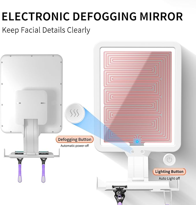 Instant Heated fog free Shower Mirror Fogless for Shaving for Women Makeup Removing,Anti fog Mirror for shower with 3-Color Dimming Light,Rechargeable Lighted Mirror,2Ways Wall Mounted Shower Mirrors