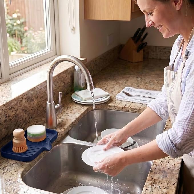MicoYang Silicone Soap Dish with Drain Spout — Self-Draining Sink Organizer Tray for Bathroom & Kitchen, Sponges, Dispensers & Soap Holder, Non-Slip & Dishwasher Safe, Navy Blue (Medium, 9.6"×5.3")