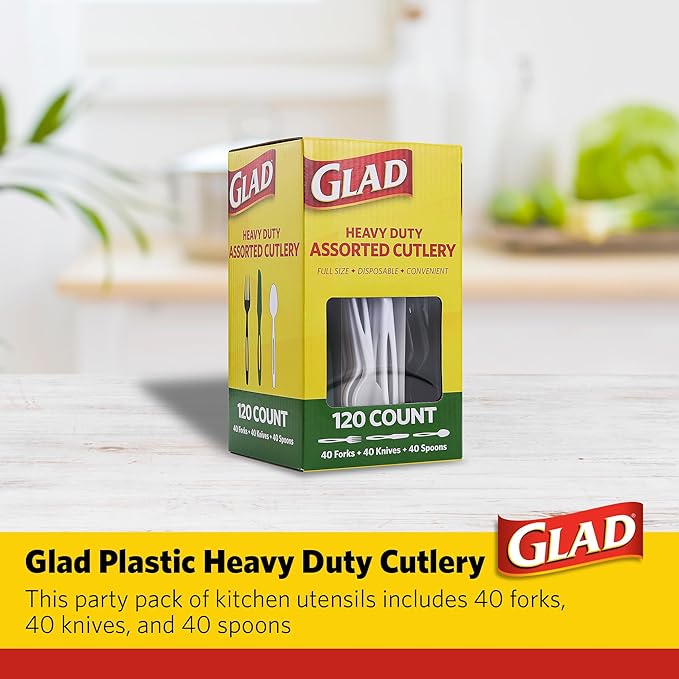 Glad Plastic Heavy Duty Forks, 120ct Green, White and Black Cutlery Forks, Knives, and Spoons| 120 Pieces Set of Heavy Duty Disposable Party Utensils and Sturdy Cutlery
