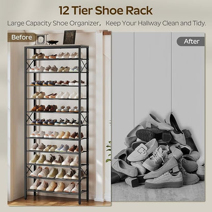 YATINEY 12 Tier Shoe Rack, Large Capacity Shoe Storage Organizer Holds 48 Pairs, Sturdy and Stable, for Entryway, Hallway, Closet, Dorm Room, Greige and Black SS12BG
