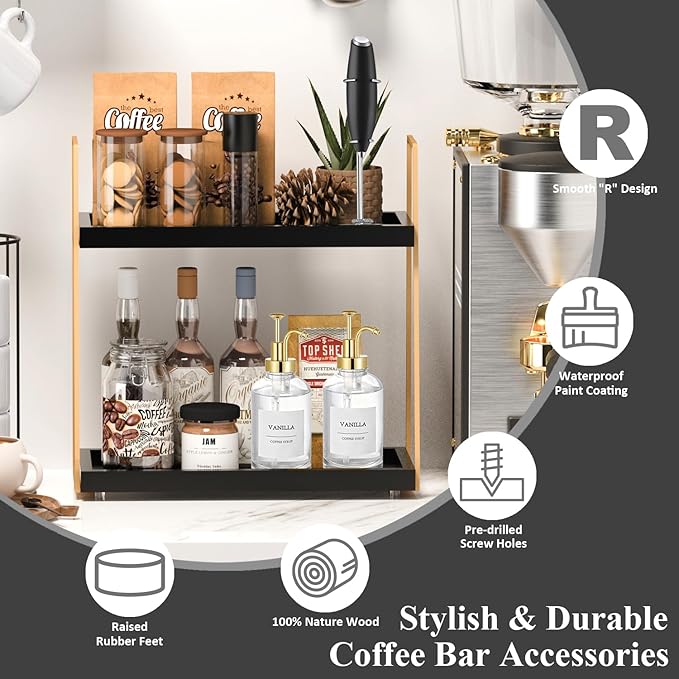 Coffee Bar Accessories, Black Gold Coffee Station Organizer for Countertop Decor, 2 Tier Large Wooden CoffeeBar Shelf for Office, Breakroom, Bathroom