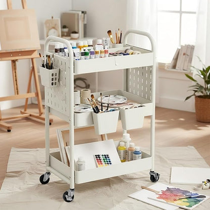 danpinera 3 Tier Rolling Cart with Retractable Dividers, Multi-Functional White Rolling Utility Cart with Pegboards, Hooks & Hanging Cups for Nursery, Living Room, Studio