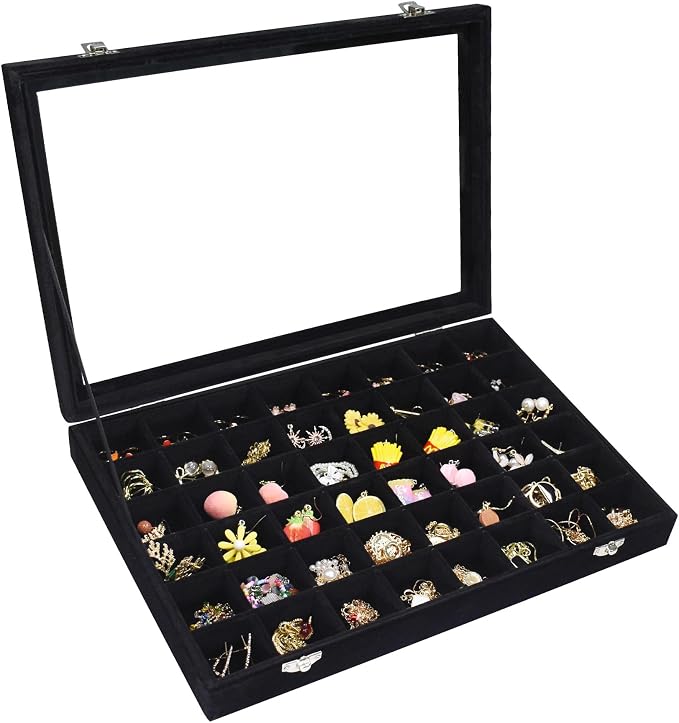 Vicoter Velvet Jewelry Tray 48 Compartments Jewelry Display Organizer with Transparent Cover Rings, Earrings, Necklaces, Pendants Storage Box for Girls, Wives, Mothers, Women