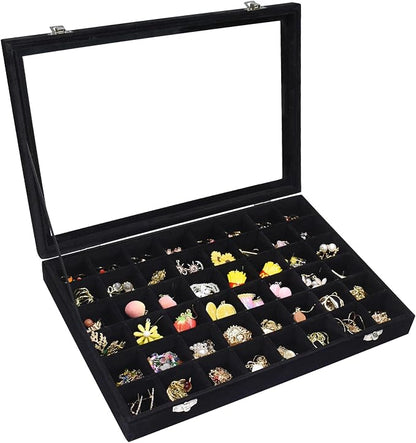 Vicoter Velvet Jewelry Tray 48 Compartments Jewelry Display Organizer with Transparent Cover Rings, Earrings, Necklaces, Pendants Storage Box for Girls, Wives, Mothers, Women