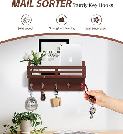 Key Holder Wall Mount Farmhouse Key Hooks for Wall with Mail Organizer Decorative Key Rack with 5 Sturdy Hooks for Dog Leash, Sunglasses, Rustic, Paulownia Key Hanger for Entryway
