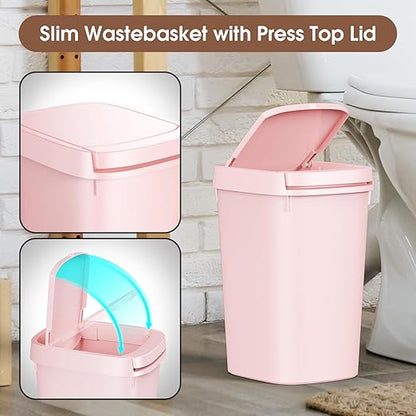 CEROELDA 3 Pack Bathroom Trash Can with Lid, 10L/2.6 Gal Small Garbage Can with Press Top Lid, Slim Plastic Waste Basket for Toilet, Office, Bedroom (Pink)