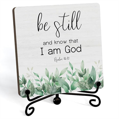 Inspirational Christian Desk Decor, Be Still And Know That I Am God Eucalyptus Sign, Desk Decorations For Office Home Living Room Bathroom, Eucalyptus Shelf Decor, Wooden Plaque With Stand (09)