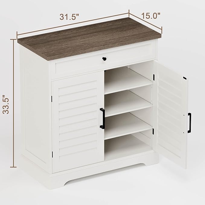 ChooChoo Farmhouse Shoe Cabinet with Doors, 4-Tier Shoe Storage Cabinet with Drawer and Shelves, Wooden Shoe Rack Organizer for Entryway, Hallway, Closet, White