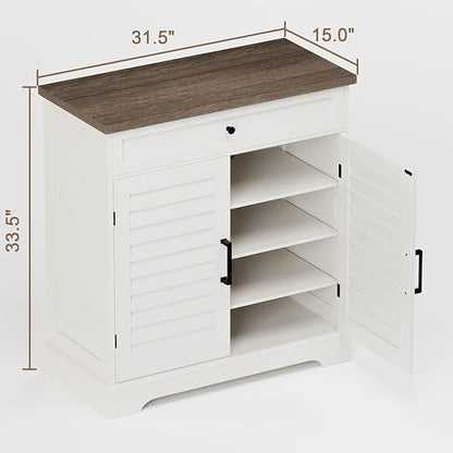 ChooChoo Farmhouse Shoe Cabinet with Doors, 4-Tier Shoe Storage Cabinet with Drawer and Shelves, Wooden Shoe Rack Organizer for Entryway, Hallway, Closet, White