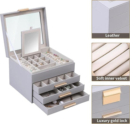 BOOVO Clear Lid Jewelry Box,4 Layers Jewelry Organizer Large Jewelry Storage Box with 3 Drawers,Jewelry Holder Organzier of Rings Earrings Necklace Bracelets for Women (Grey, 4 Layer)