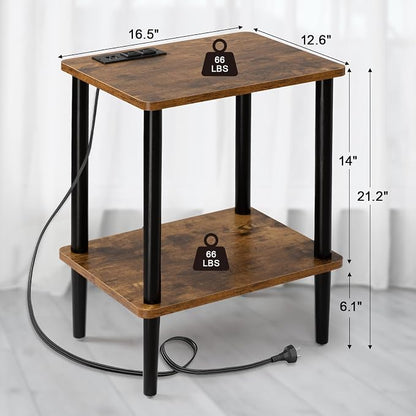 FORAOFUR End Table with Charge Station, Small End Tables Living Room, Nightstand with 2 Tier Storage Shelves for Small Spaces, Living Room, Bedroom, Sofa End Table Rustic Brown