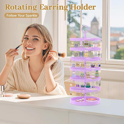 MODOWEY 6 Tier Rotating Earring Holder Organizer Display Tree with Metal Tray, Adjustable Plastic Stand with 342 Slots for Stud Hoop Hanger, Large Capacity Storage Rack for Women, Purple