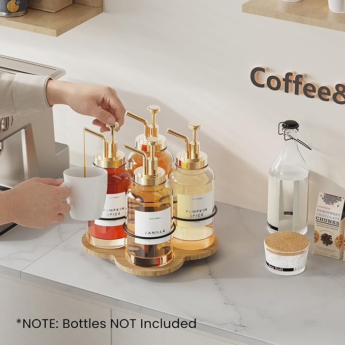 THYGIFTREE Rotating Coffee Syrup Organizer 4 Bottles Syrup Rack Dispenser16.9oz for Countertop Wood Bottle Holder Stand for Coffee Bar Station