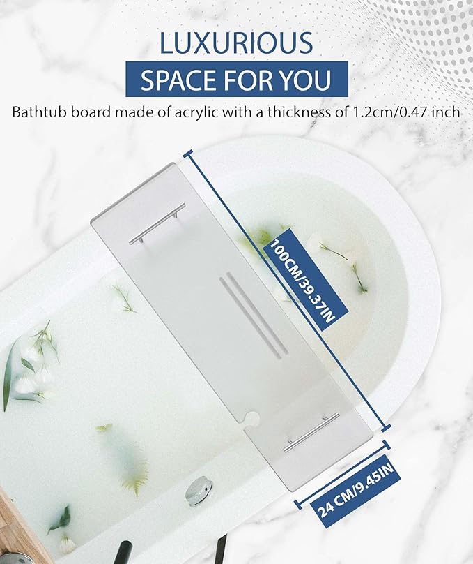 Acrylic Bathtub Tray Clear Bathtub Caddy Bath Tray Table for Tub Luxury Spa with Book and Wine Glass Holder Bathroom Accessories for Bathroom Decoration, Transparent 39.3inch