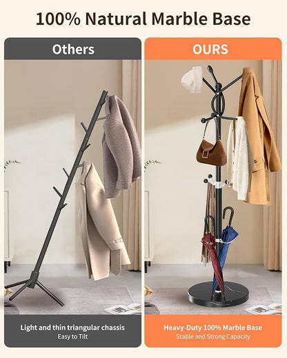 ZOZOE Metal Coat Rack Stand, Modern Coat Rack Freestanding with Natural Marble Base, Sturdy Coat Racks with 10 Hooks & Umbrella Holder,Black Coat Tree Hanger Stand for Bags,Hats,Entryway,Office