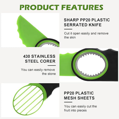[YQBHDMTM] 3-in-1 Avocado Slicer Knife with Pitter & Peeler, Stainless Steel Blade Avocado Cutter Tool for Slicing, Pitting & Scooping – Dishwasher Safe, Green
