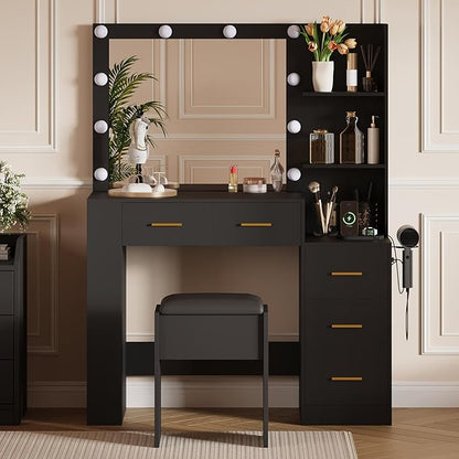 Garvee 41" Large Vanity Desk with 10-Bulb Mirror and Built-in Outlets - Makeup Vanity Desk with 3 Color Lighting Modes and 5 Drawers - Dressing Table with Soft Cushioned Stool for Bedroom