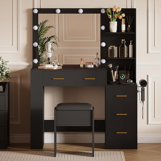 Garvee 41" Large Vanity Desk with 10-Bulb Mirror and Built-in Outlets - Makeup Vanity Desk with 3 Color Lighting Modes and 5 Drawers - Dressing Table with Soft Cushioned Stool for Bedroom