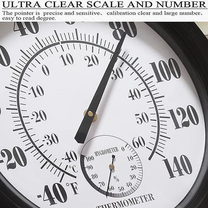 Indoor Outdoor Thermometer Large 12 Inch Wall Thermometer-Hygrometer Waterproof Does not Require Battery (Black)