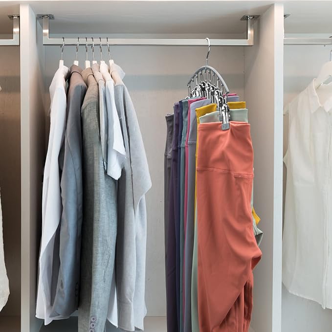 Volnamal Legging Organizer for Closet, Metal Yoga Pants Hanger w/Rubber Coated 4 Pack w/10 Clips Hold 40 Leggings, Hangers Space Saving Hanging for Closet Organizers and Storage-Gray