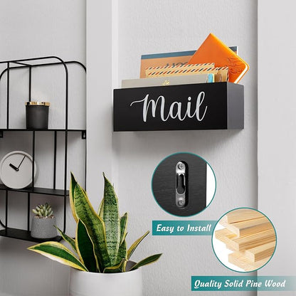 DRASTAR Mail Organizer, Mail Holder with 2 Slots, Mail Basket for Wall Table Countertop, Wood Desk Mail Organizer, Black Envelope Holder for Home Office Decor