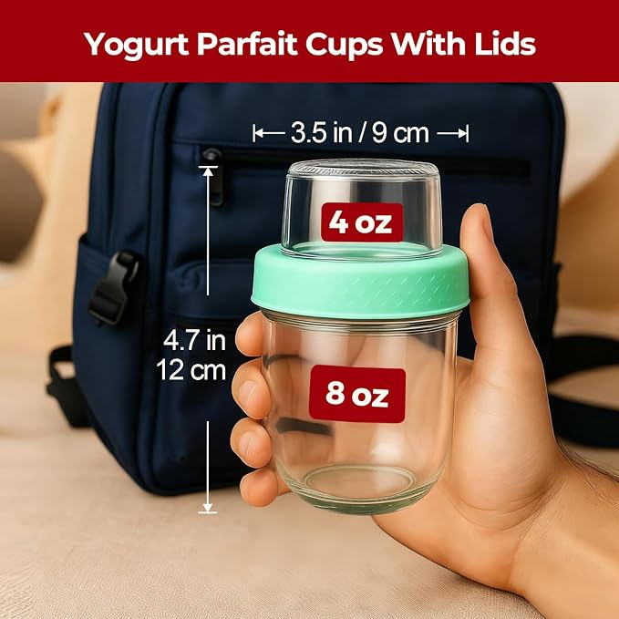 Glass Yogurt Parfait Cups with Lids, 8oz+4oz Reusable Overnight Oats Containers (4 Pack), Dual-Layer Leak-Proof Meal Prep Jars, 4 Colors Set for Snacks, Office Lunch — Blue, Gray, Green, Pink