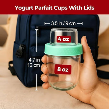 Glass Yogurt Parfait Cups with Lids, 8oz+4oz Reusable Overnight Oats Containers (4 Pack), Dual-Layer Leak-Proof Meal Prep Jars, 4 Colors Set for Snacks, Office Lunch — Blue, Gray, Green, Pink