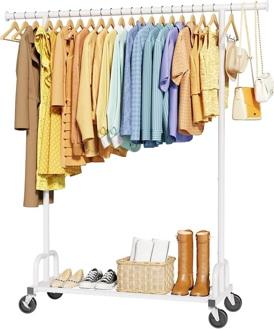 Sakugi Clothes Rack - Large-Capacity Clothing Racks for Hanging Clothes with Lockable Wheels, Space-Saving Metal Coat Rack for Bedroom, Laundry Room, Entryway, 45.6" x 16.9" x 59", White