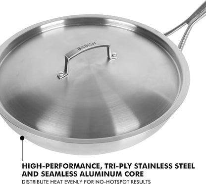 Babish 12-Inch Tri-Ply Stainless Steel Frying Pan with Lid – Professional Grade Skillet for Searing, Sautéing & Even Heat Cooking