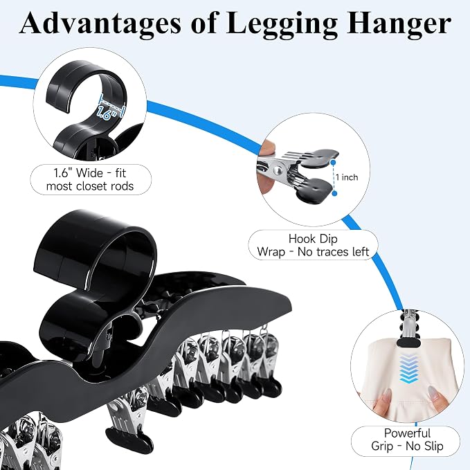 Leggings Hangers for Closet, Black Pants Hangers with Clips Space Saving, 2-Pack Closet Organizers and Storage Hanging 28 Leggings for Dorm Room Gym Organization