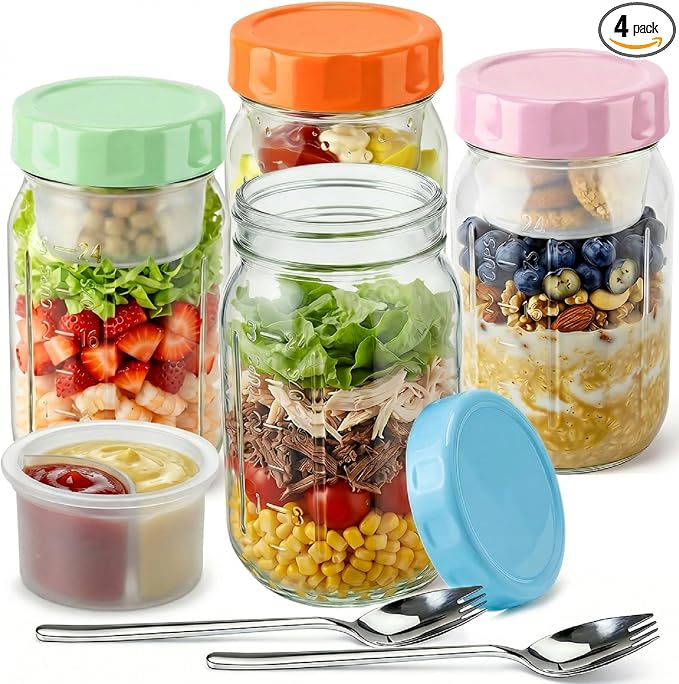Salad Jars with Lids Meal Prep Containers Glass - 32oz Leakproof Mason Jars Salad Containers with Dressing Cup for Lunch Bentgo, Full Meal Salads Lunch Containers with Spoon Forks for Adults