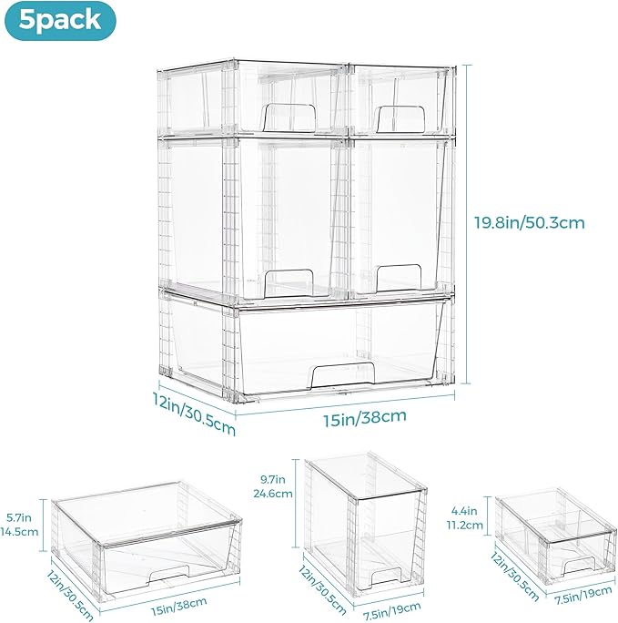 Vtopmart 5 Pack Clear Stackable Storage Drawers,Easy to Assemble Baby Bottle with handles,Plastic Drawers for Kitchen Pantry,Cabinet,Under Sink Organization