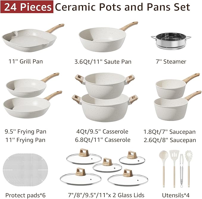 24-Piece Pots and Pans Set Non Stick, Titanium-Reinforced Ceramic Cookware Set, Long-Lasting Nonstick, PFAS-Free, Induction Compatible, Complete Kitchen Set for Everyday Cooking