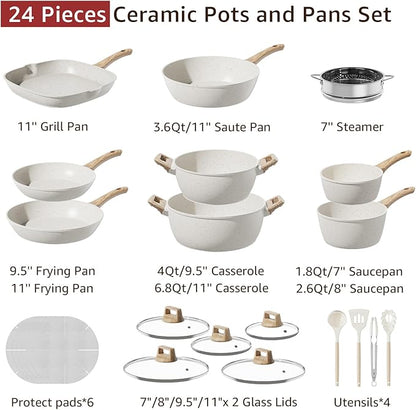 24-Piece Pots and Pans Set Non Stick, Titanium-Reinforced Ceramic Cookware Set, Long-Lasting Nonstick, PFAS-Free, Induction Compatible, Complete Kitchen Set for Everyday Cooking