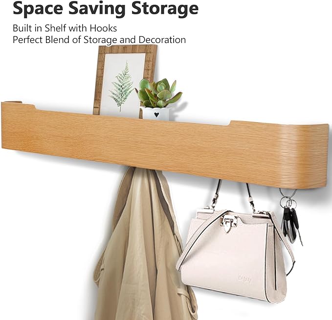 Coat Rack Wall Mount with Hidden Hooks Modern Key Holder Wood Entryway Hook with Shelf for Bedroom Kitchen Hallway Bathroom Designed for Hanging Coats Hats Bags Towels Dog Leashe(Oak,8 Hooks)