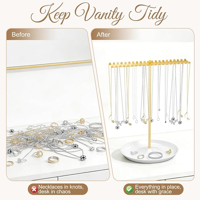 Jewelry Organizer Stand, Metal Necklace Holder Display With 42 Hooks, Gold Jewelry Holder for Necklaces, Bracelets, Rings, Bedroom College Dorm Decor for Women and Girls