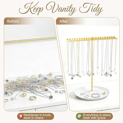 Jewelry Organizer Stand, Metal Necklace Holder Display With 42 Hooks, Gold Jewelry Holder for Necklaces, Bracelets, Rings, Bedroom College Dorm Decor for Women and Girls
