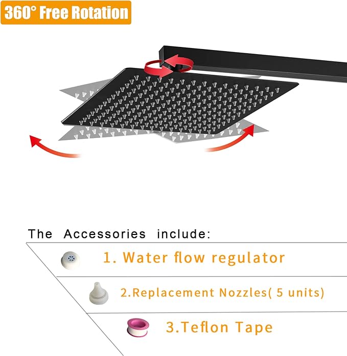 BESy 10 Inch Rain Shower Head, 10" Square Rainfall & High Pressure Stainless Steel Bath Showerhead, 1/16" Ultra Thin, Waterfall Full Body Coverage with Silicone Nozzle, Matte Black Finish